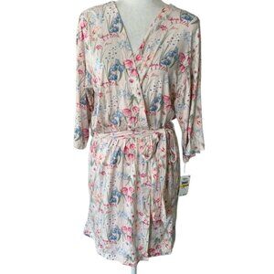 Flora Nikrooz Sz M Pink Tulip Flower Floral Short Wrap Robe Stretch Cottagecore